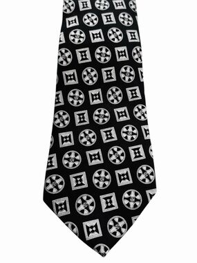 Nino Cerruti Silk Vintage Black Tie with Off White Geometric Medallion Pattern